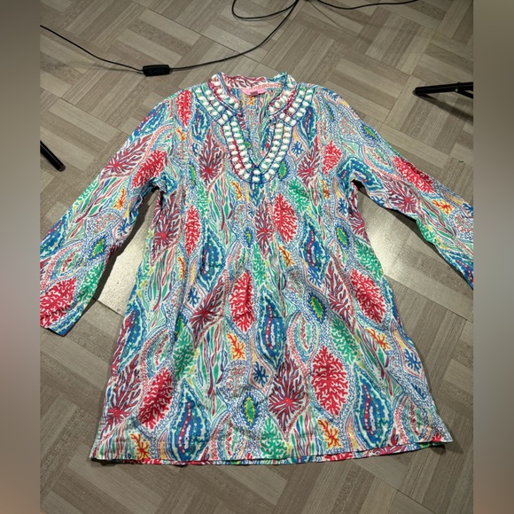 Lilly Pulitzer Sarasota Beaded Tunic Blouse Top Multi Let Minnow Blue Size M - Picture 2 of 5